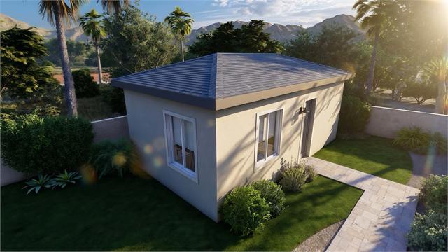 Side aerial exterior rendering of the 27 by 15 casita with walkway and landscaping