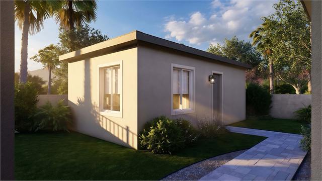 Side yard exterior rendering of the 27 by 15 Arizona casita