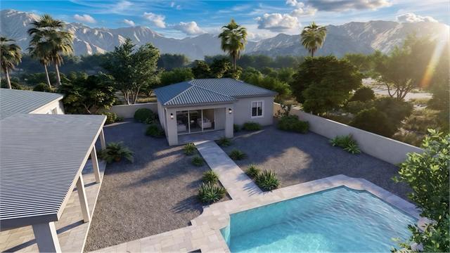 Aerial pool courtyard rendering of the 29 by 34 accessory dwelling unit beside the main home