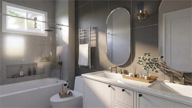 Bathroom shower and vanity rendering for the 29 by 34 accessory dwelling unit floor plan