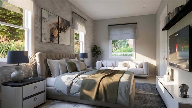Bedroom sitting area rendering for the 29 by 34 one-bedroom ADU