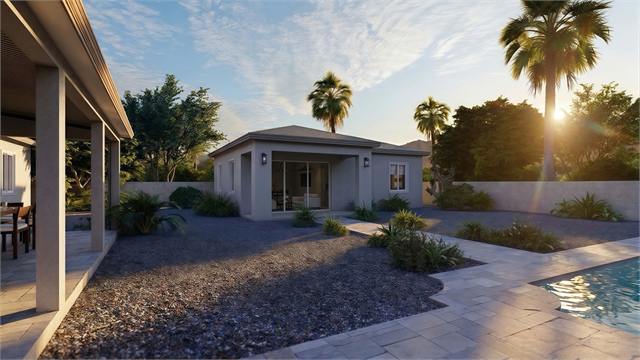 Courtyard pool exterior rendering of the 29 by 34 one-bedroom accessory dwelling unit