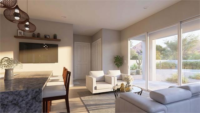 Living room patio view rendering for the 29 by 34 ADU floor plan
