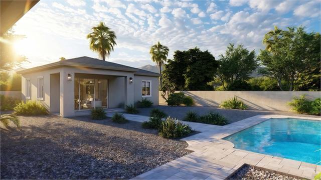 Poolside exterior rendering of the 29 by 34 accessory dwelling unit with covered patio