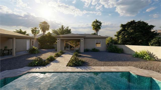 Poolside front exterior rendering of the 29 by 34 one-bedroom ADU