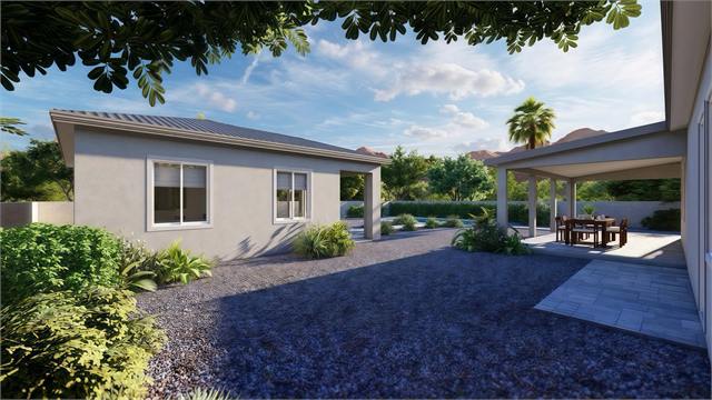 Side courtyard exterior rendering of the 29 by 34 Arizona ADU