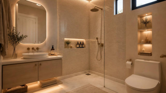 Bathroom view of the 450-square-foot, 30-by-17-foot L-shaped attached one-bedroom casita, showing walk-in shower and mirror.