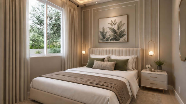 Bedroom view of the 450-square-foot, 30-by-17-foot L-shaped attached one-bedroom casita, showing compact windowed bedroom.