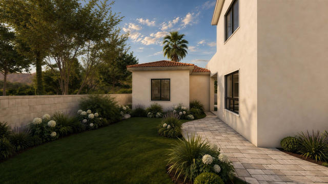Courtyard Side view of the 450-square-foot, 30-by-17-foot L-shaped attached one-bedroom casita, showing landscaped side courtyard.