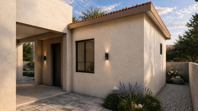 Entry Corner view of the 450-square-foot, 30-by-17-foot L-shaped attached one-bedroom casita, showing entry and projecting wing.