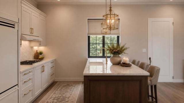 Kitchen view of the 450-square-foot, 30-by-17-foot L-shaped attached one-bedroom casita, showing galley kitchen and island.