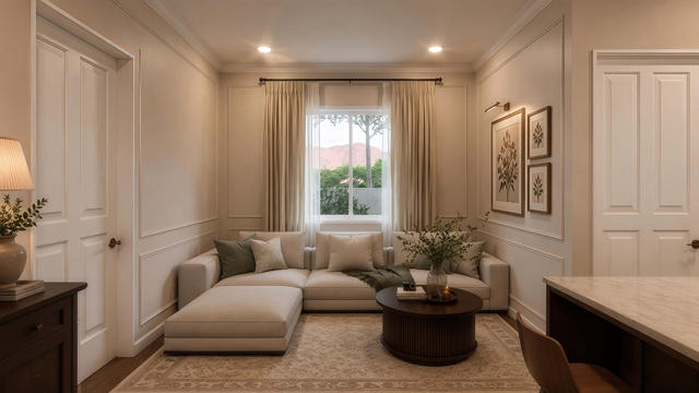 Living Room view of the 450-square-foot, 30-by-17-foot L-shaped attached one-bedroom casita, showing paneled lounge area.
