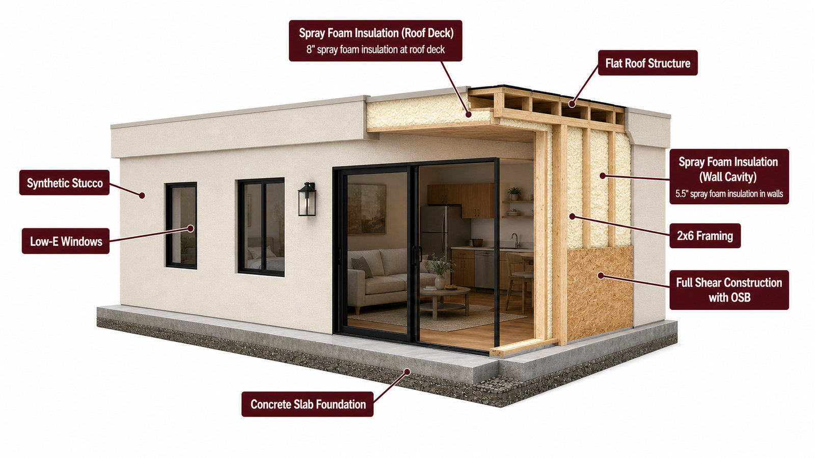 Architectural construction cutaway of the 600-square-foot, 30-by-20-foot one-bedroom casita with laundry.