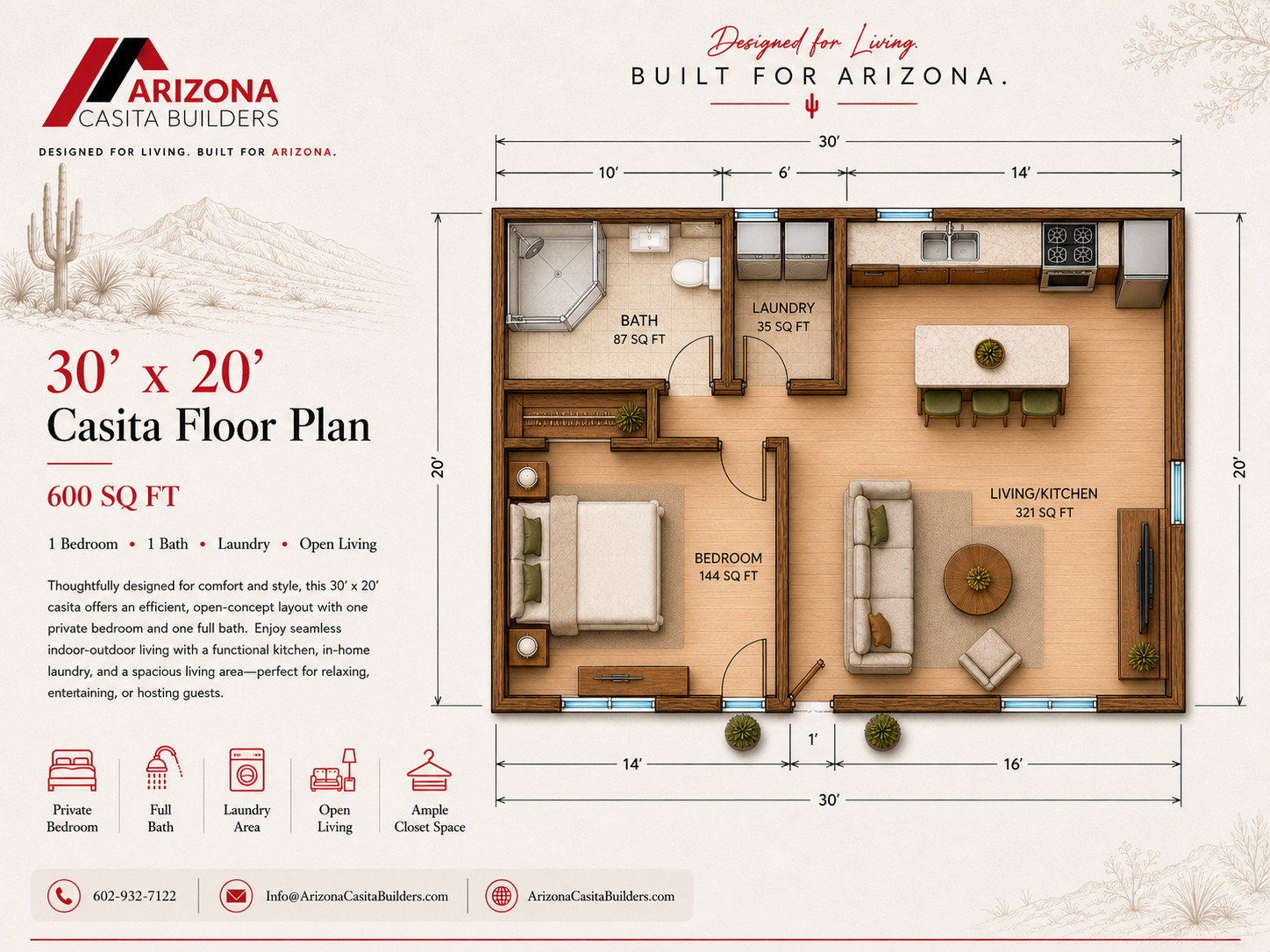 Detailed presentation floor plan for the 600-square-foot, 30-by-20-foot one-bedroom casita with laundry.
