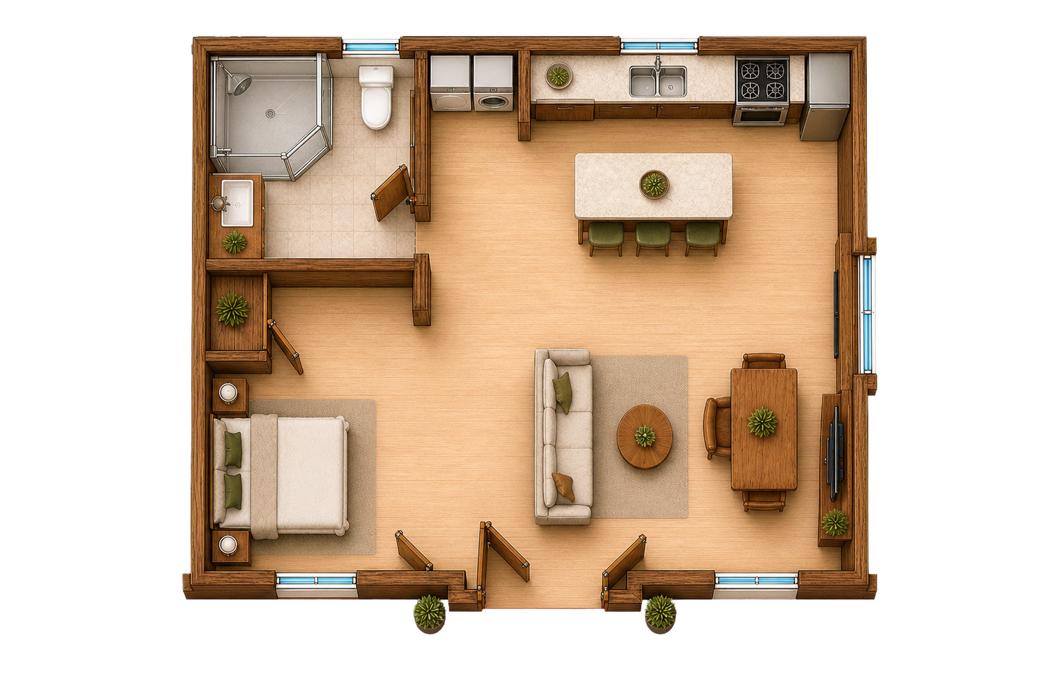 Realistic furnished floor plan showing the 600-square-foot, 30-by-20-foot one-bedroom casita with laundry.