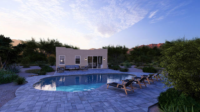 Front Three-Quarter view of the 600-square-foot, 30-by-20-foot one-bedroom casita with laundry, showing the main facade and entry approach.