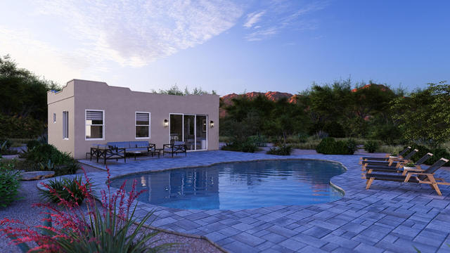 Rear Three-Quarter view of the 600-square-foot, 30-by-20-foot one-bedroom casita with laundry, showing the rear facade and outdoor openings.