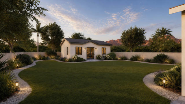 Front Corner view of the 600-square-foot, 30-by-20-foot one-bedroom casita with pantry and laundry, showing the entry elevation and roof form.