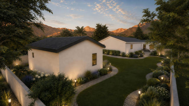 Rear Corner view of the 600-square-foot, 30-by-20-foot one-bedroom casita with pantry and laundry, showing the rear openings and landscaped setting.