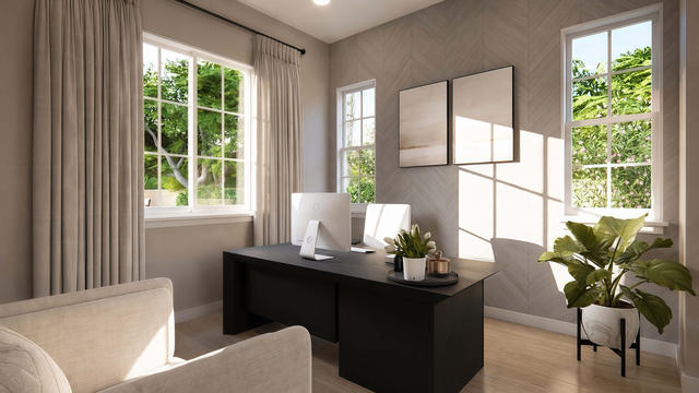 Interior rendering of one private office showing a desk, chair, two windows, neutral finishes, and natural light