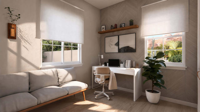 Interior rendering of the second office showing a sofa, work desk, paired windows, shelves, and plants