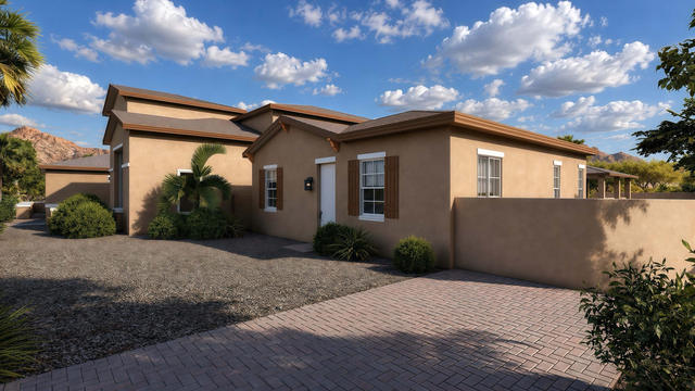 Side three-quarter rendering of the studio casita showing connected roof forms, windows, paved walk, and courtyard walls