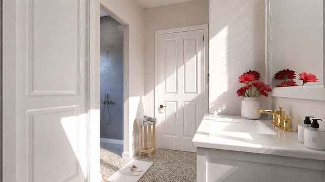 Interior rendering of the bathroom showing a vanity, mirror, doorway, white walls, and warm natural light