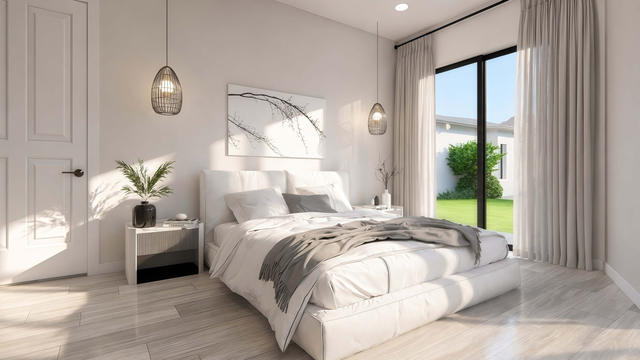Interior rendering of the private bedroom showing a bed, pendant lights, glazed doors, side window, and neutral finishes