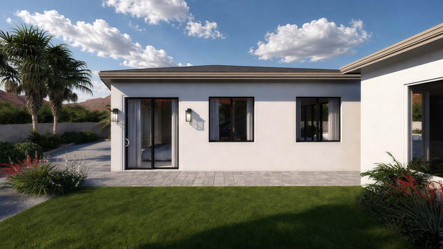 Exterior rendering of the approximately 31 by 30 casita showing its glazed entry, low roof, side windows, lawn, and paved walk