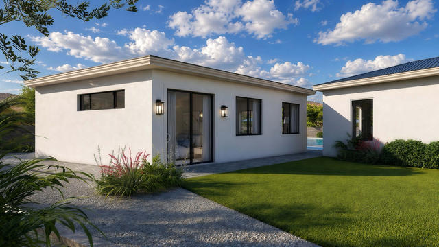 Three-quarter exterior rendering of the casita showing the entry door, corner windows, low roofline, and landscaped courtyard