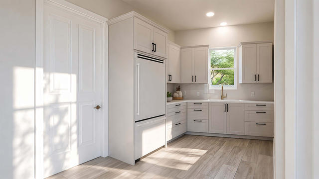 Interior rendering of the compact kitchen showing white cabinetry, tall appliances, wood flooring, and a side window