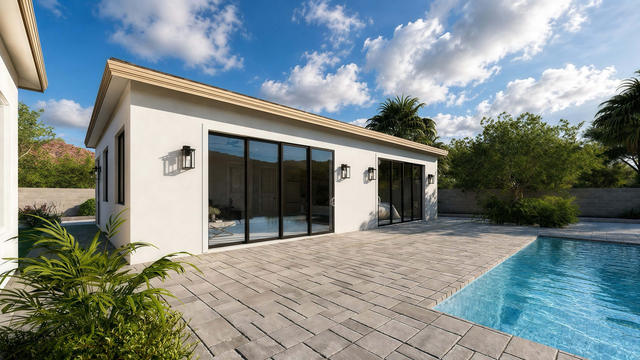 Exterior rendering of the casita showing broad glazed doors, patio paving, windows, and a poolside setting