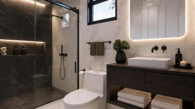 Interior rendering of the full bathroom showing a walk-in shower, vanity, toilet, mirror, and high window