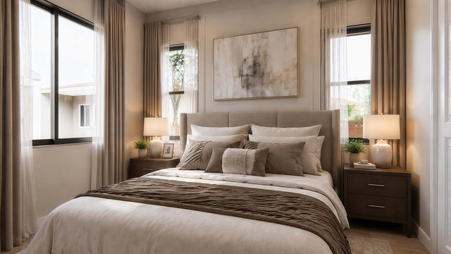 Interior rendering of a casita bedroom showing the bed, paired nightstands, two windows, and neutral finishes