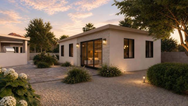 Front three-quarter rendering of the casita showing glazed doors, corner windows, paved approach, and planting beds