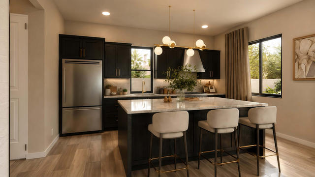 Interior rendering of the open kitchen showing dark cabinetry, island seating, pendant lights, and windows