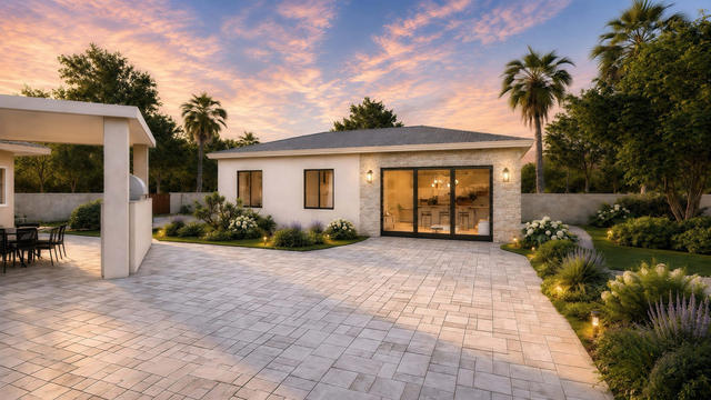 Wide front rendering of the casita showing the full facade, patio paving, flat roof profile, and landscaped yard