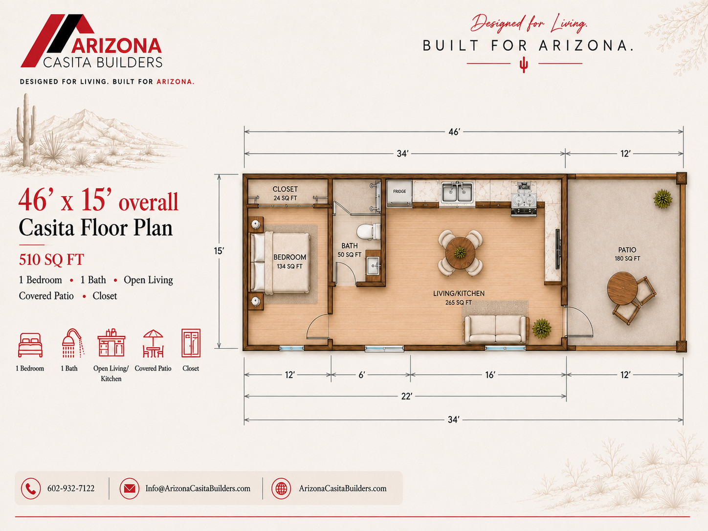 Detailed presentation floor plan for the 510-square-foot, 34-by-15-foot casita with covered patio.