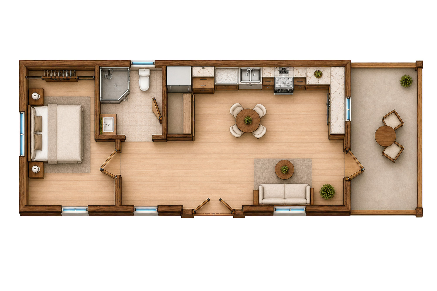 Realistic furnished floor plan showing the 510-square-foot, 34-by-15-foot casita with covered patio.
