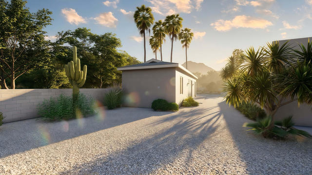 Garden Corner view of the 510-square-foot, 34-by-15-foot casita with covered patio, showing the long exterior form and landscaped edge.