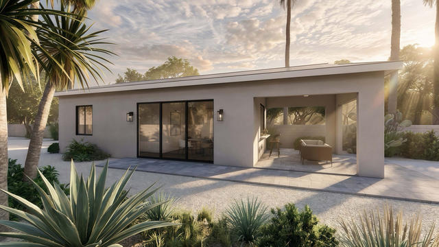 Patio Front view of the 510-square-foot, 34-by-15-foot casita with covered patio, showing the covered patio and primary facade.