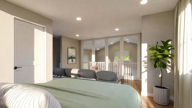Living Room view of the 690-square-foot casita over a detached garage, showing the open upper-level seating area.