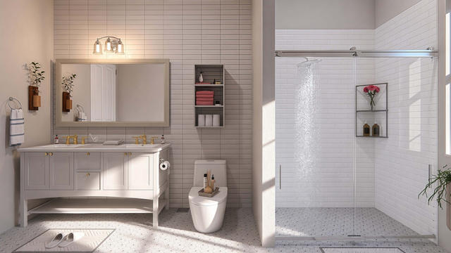 Bathroom view of the 748-square-foot, 34-by-22-foot one-bedroom casita, showing the vanity, shower, and toilet arrangement.