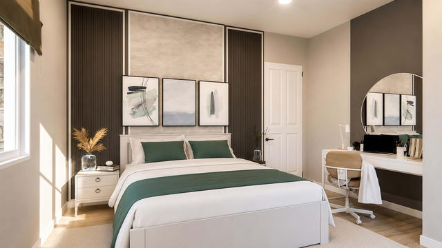 Bedroom view of the 748-square-foot, 34-by-22-foot one-bedroom casita, showing the private bedroom and dressing area.