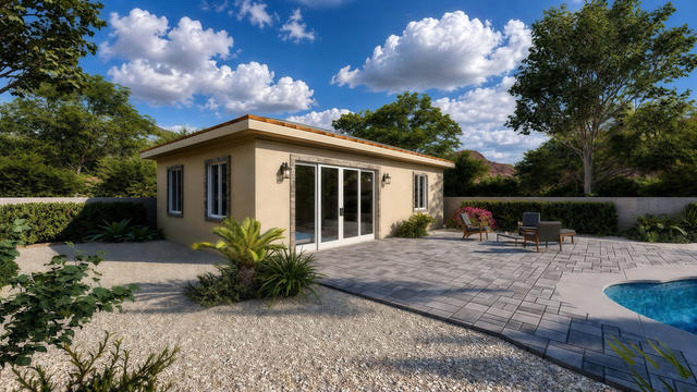 Garden Side view of the 748-square-foot, 34-by-22-foot one-bedroom casita, showing the side elevation and patio edge.