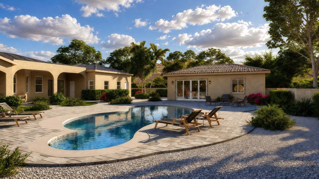 Pool Front view of the 748-square-foot, 34-by-22-foot one-bedroom casita, showing the front glazing and poolside setting.