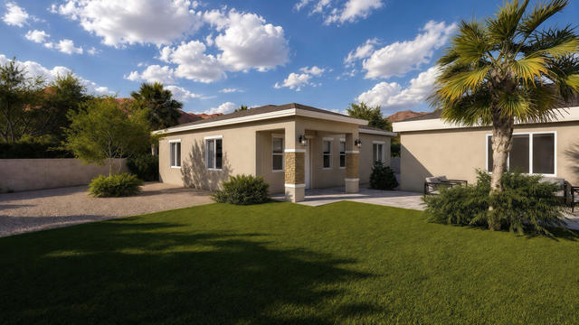 Patio Front view of the 1,200-square-foot three-bedroom casita with a 34-by-37-foot-6-inch overall extent, showing covered patio and entry.