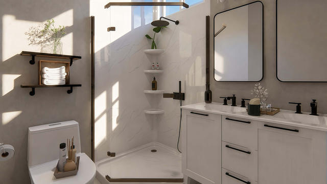 Primary Bathroom view of the 1,200-square-foot three-bedroom casita with a 34-by-37-foot-6-inch overall extent, showing double vanity and shower.