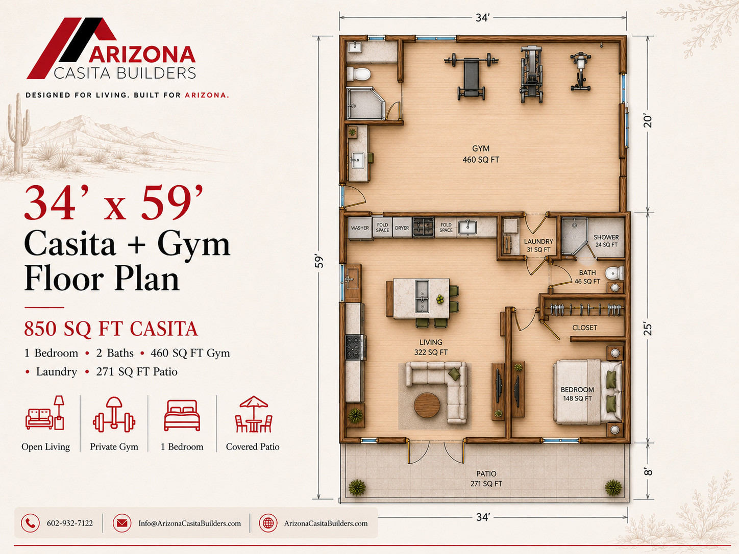 Annotated 34 by 59 casita floor plan showing the labeled room arrangement, exterior dimensions, doors, windows, and fixtures