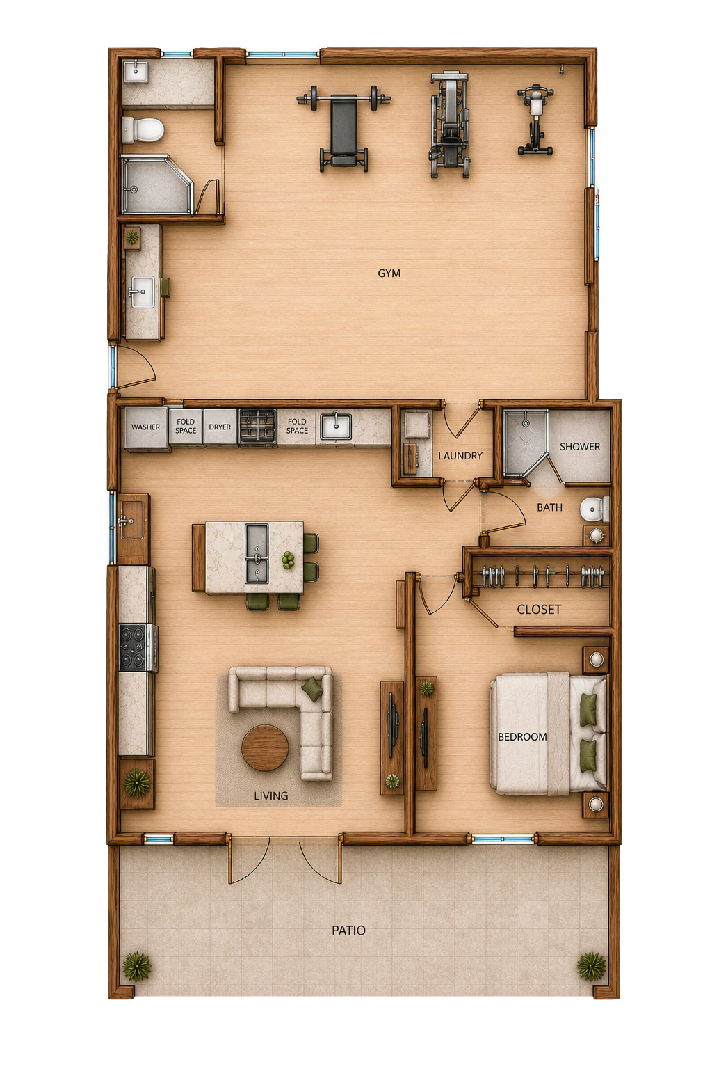 Clean 34 by 59 casita floor plan showing room relationships, walls, doors, windows, furniture, and fixtures